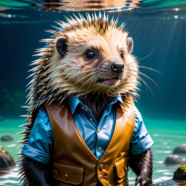 Image of a porcupine in a vest in the water