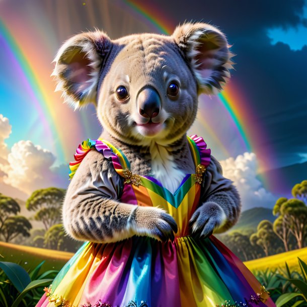 Foto de un koala en un vestido en el arco iris