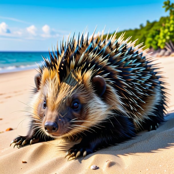 Pic of a resting of a porcupine on the beach