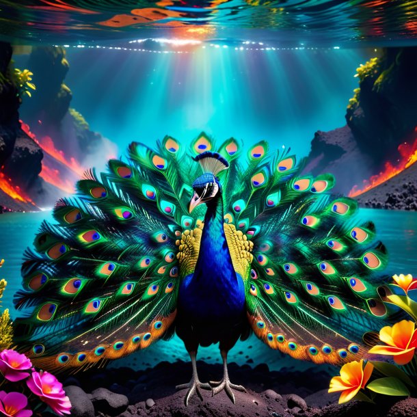 Photo of a swimming of a peacock in the volcano