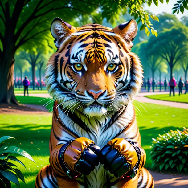 Picture of a tiger in a gloves in the park