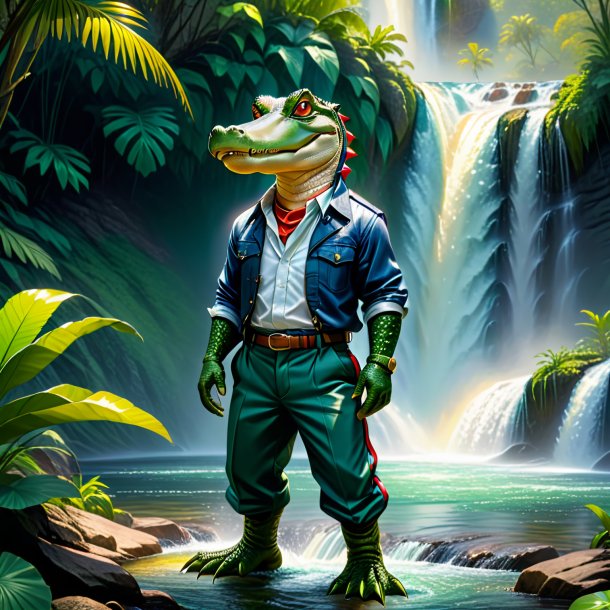 Drawing of a alligator in a trousers in the waterfall