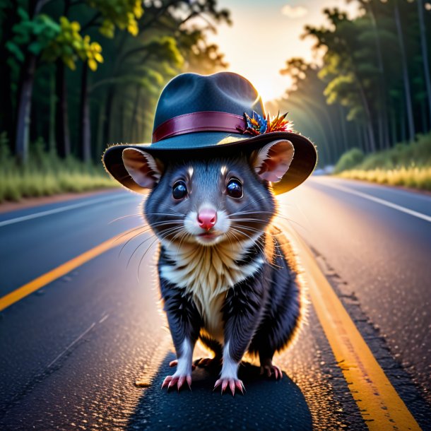 Foto de una zarigüeya en un sombrero en el camino