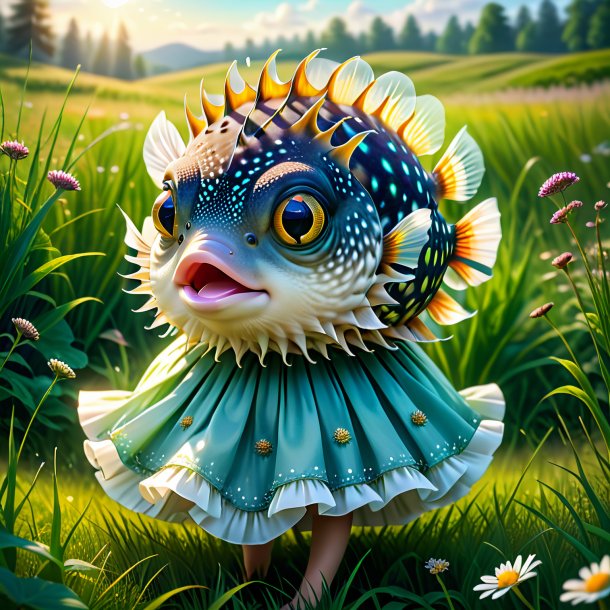 Illustration of a pufferfish in a skirt in the meadow