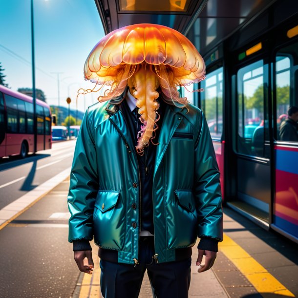 Photo of a jellyfish in a jacket on the bus stop