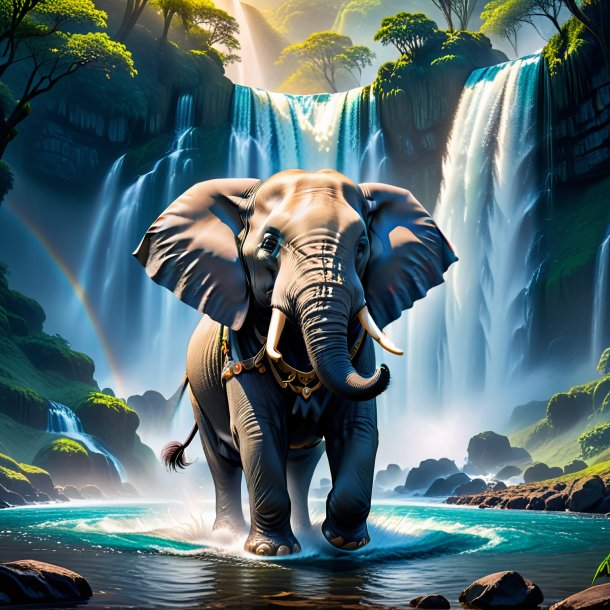 Photo of a elephant in a belt in the waterfall