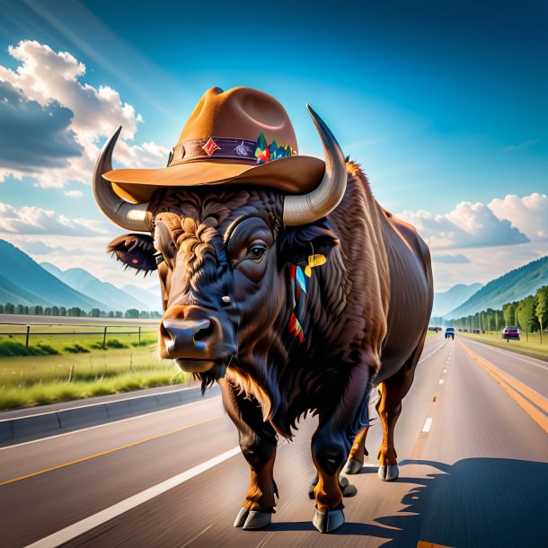 Foto de un búfalo en un sombrero en la carretera