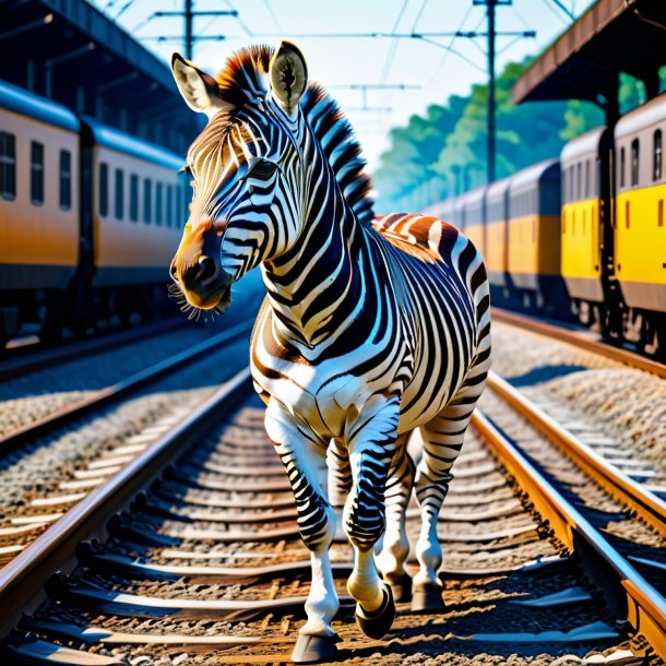 Picture of a zebra in a coat on the railway tracks