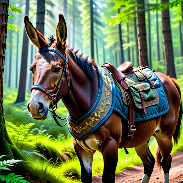 Pic d'une mule dans un gilet dans la forêt