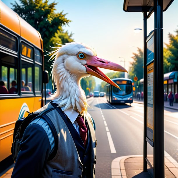 Imagem de uma cegonha em um colete no ponto de ônibus