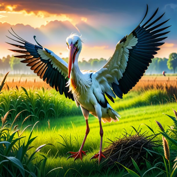 Image of a threatening of a stork in the meadow