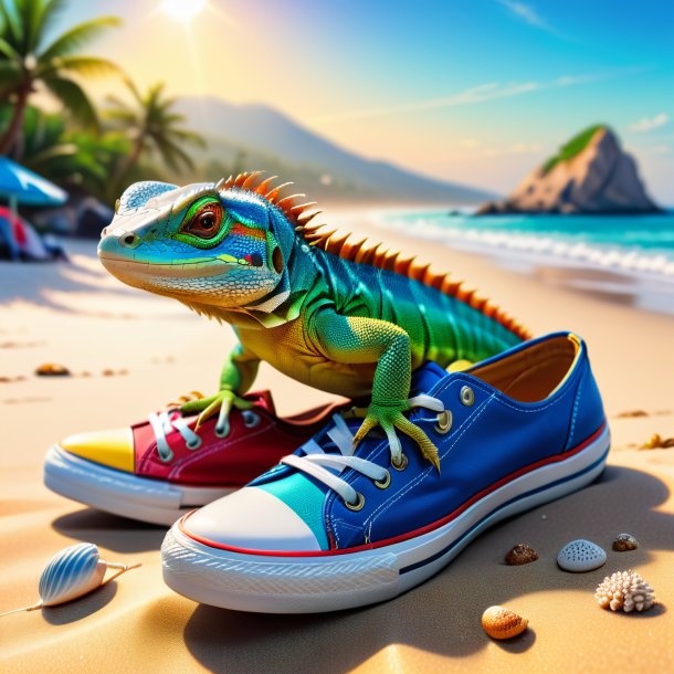 Picture of a lizard in a shoes on the beach