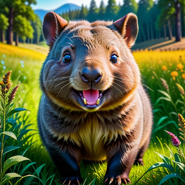 Picture of a smiling of a wombat in the meadow