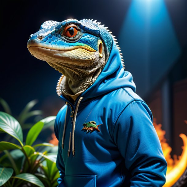 Imagen de un lagarto monitor en una sudadera azul con capucha