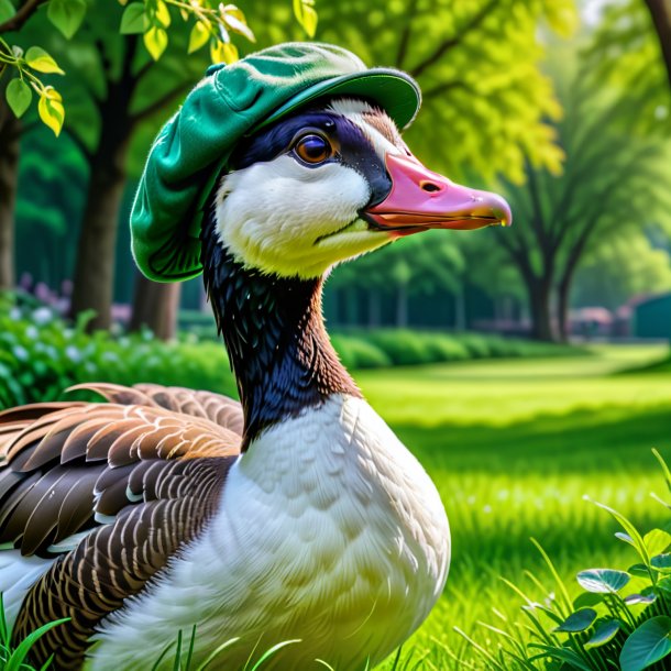 Picture of a goose in a green cap