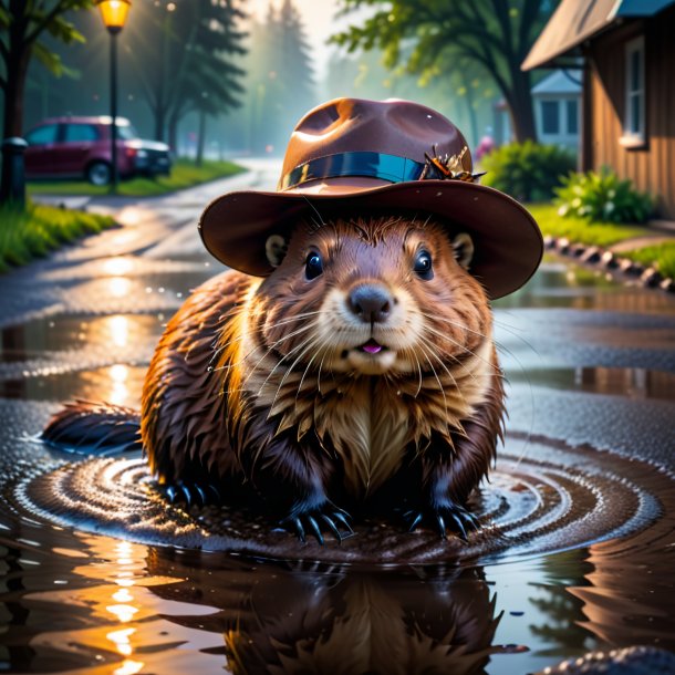 Foto de un castor en un sombrero en el charco