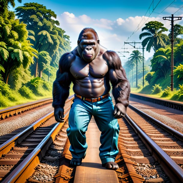 Photo of a gorilla in a trousers on the railway tracks