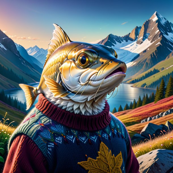 Drawing of a haddock in a sweater in the mountains