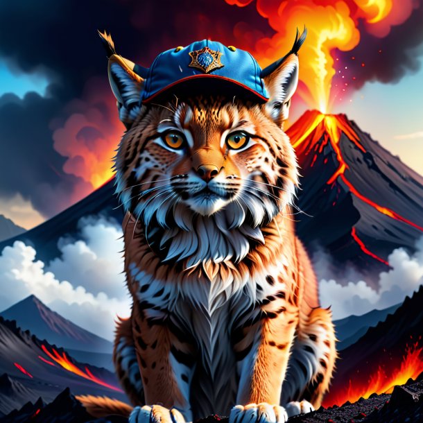 Illustration of a lynx in a cap in the volcano