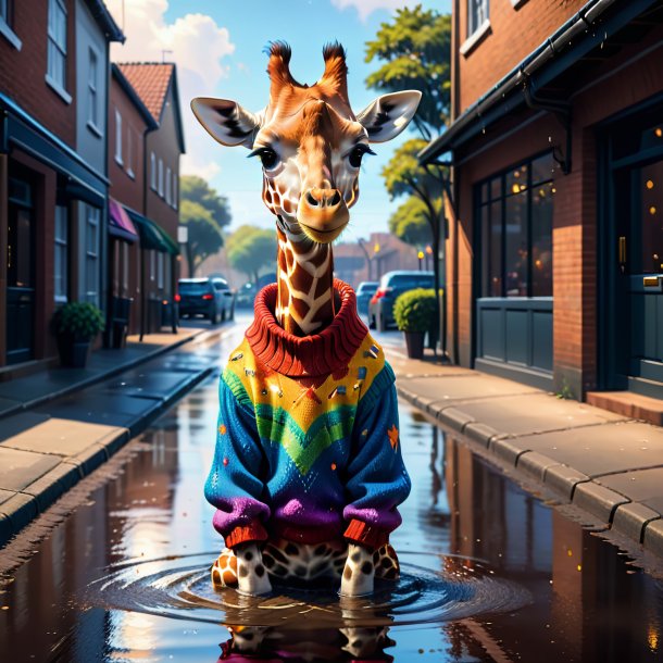 Illustration of a giraffe in a sweater in the puddle