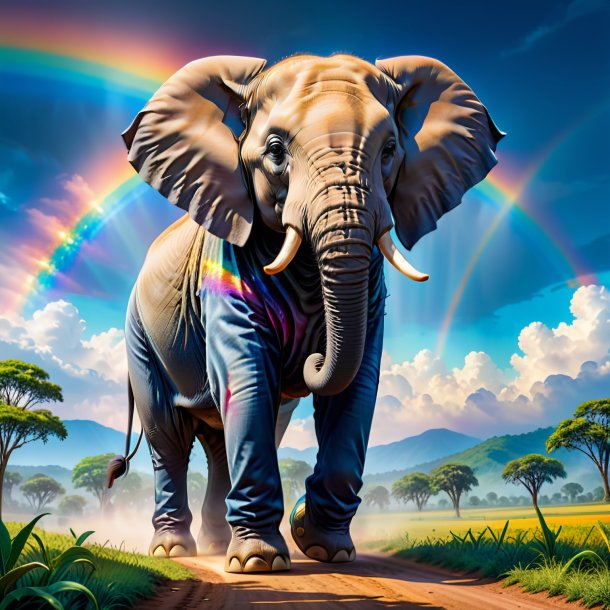 Foto de un elefante en jeans en el arco iris