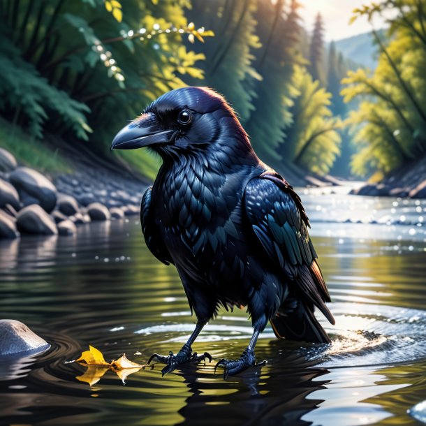 Image of a crow in a gloves in the river