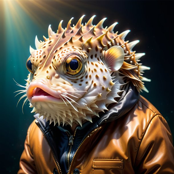 Picture of a pufferfish in a brown jacket