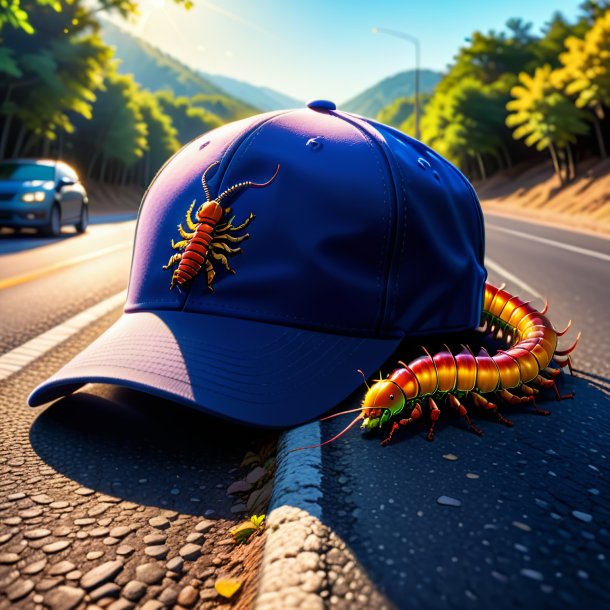 Drawing of a centipede in a cap on the road