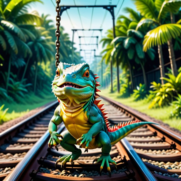 Image of a swinging on a swing of a iguana on the railway tracks