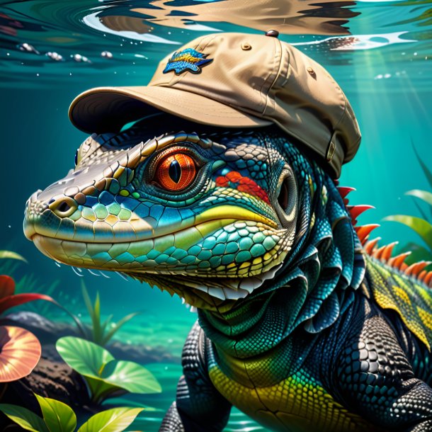 Illustration of a monitor lizard in a cap in the water