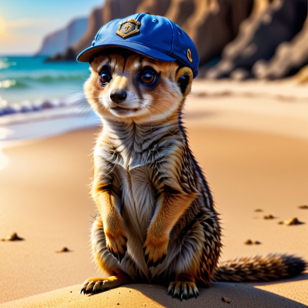 Picture of a meerkat in a cap on the beach