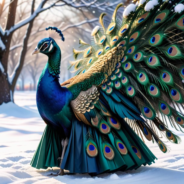 Picture of a peacock in a skirt in the snow