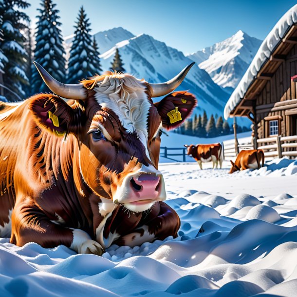 Imagem de um sono de uma vaca na neve