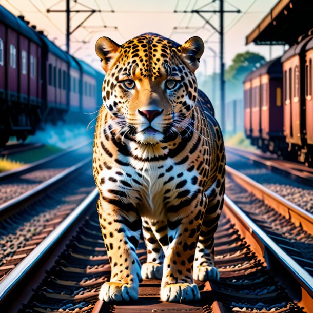 Foto de um jaguar em um casaco nos trilhos ferroviários