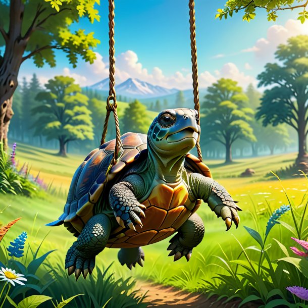 Image of a swinging on a swing of a tortoise in the meadow