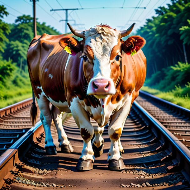 Picture of a cow in a shoes on the railway tracks