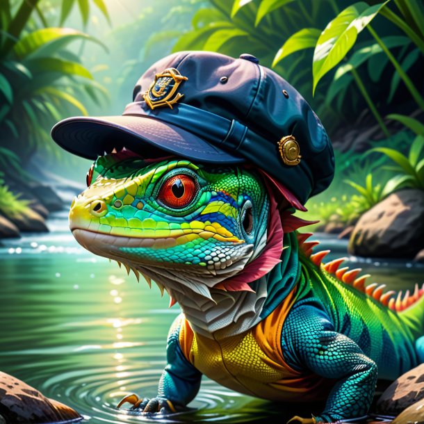 Ilustración de un lagarto en un gorro en el río