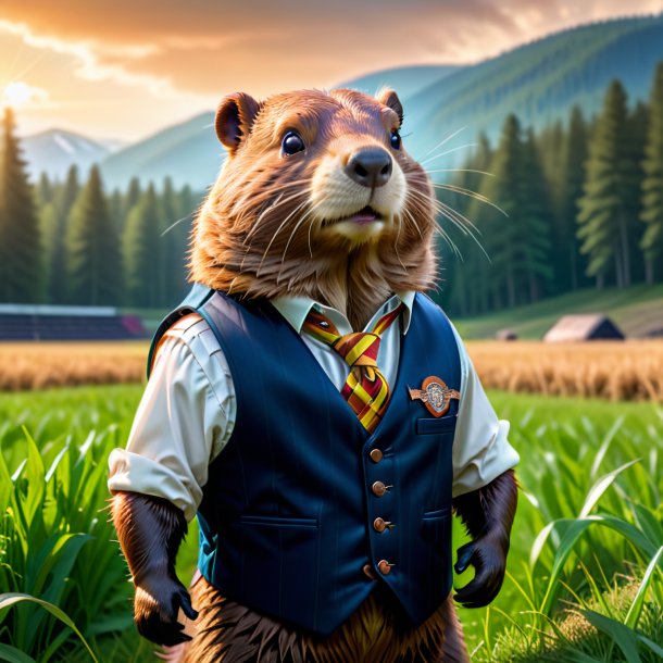 Image of a beaver in a vest on the field