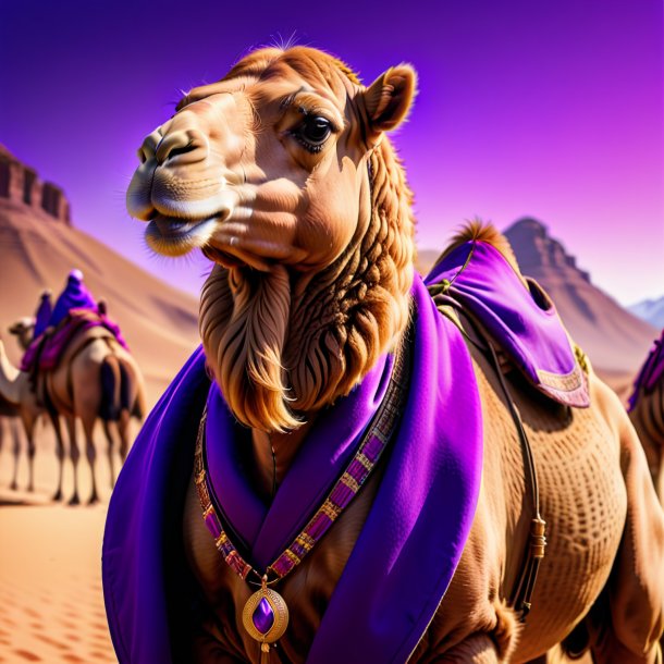 Photo of a camel in a purple coat