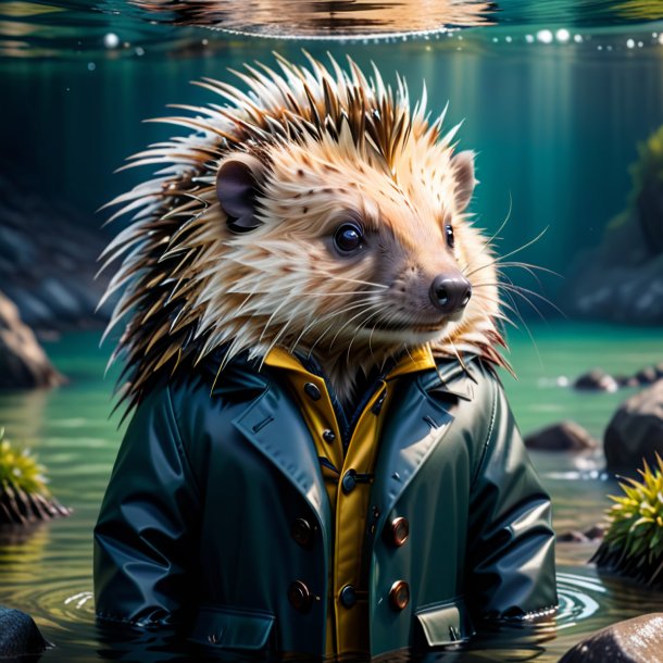 Picture of a porcupine in a coat in the water