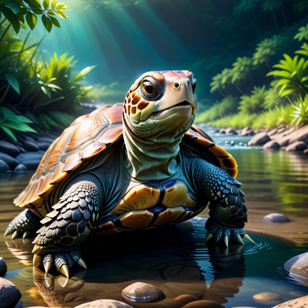 Image of a tortoise in a gloves in the river