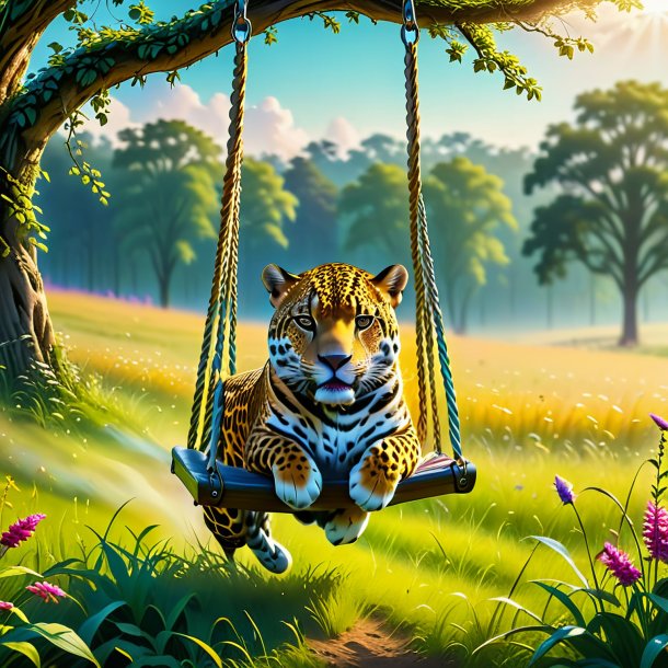 Picture of a swinging on a swing of a jaguar in the meadow