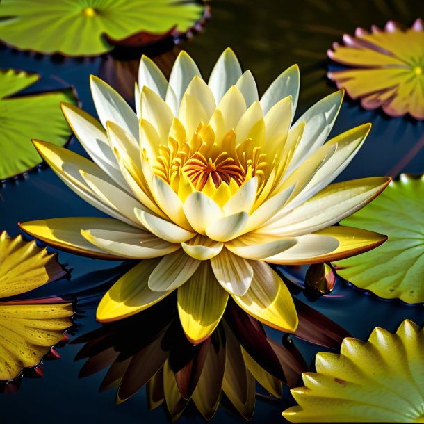 "portrait of a brown water lily, yellow"