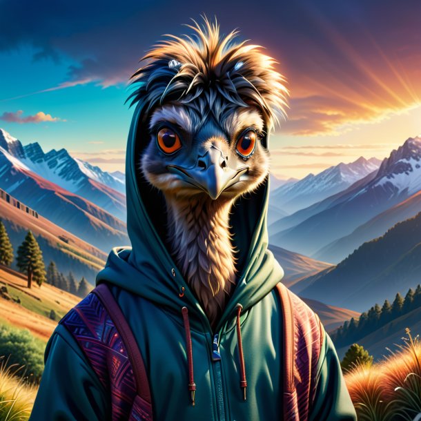 Illustration of a emu in a hoodie in the mountains