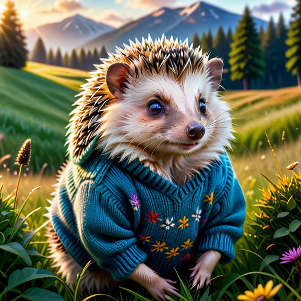 Picture of a hedgehog in a sweater in the meadow