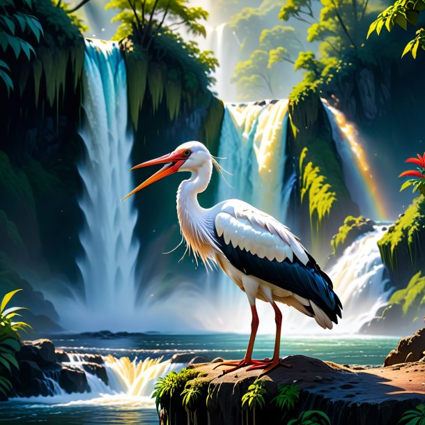 Pic of a drinking of a stork in the waterfall