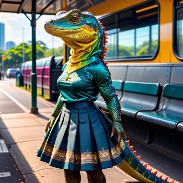 Picture of a monitor lizard in a skirt on the bus stop