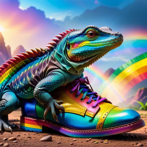 Foto de un lagarto monitor en un zapato en el arco iris