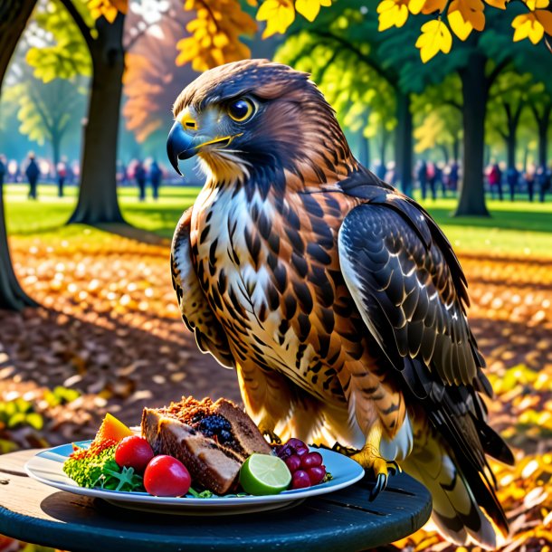 Photo d'un repas d'un faucon dans le parc