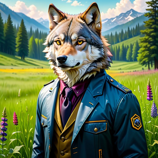 Picture of a wolf in a jacket in the meadow